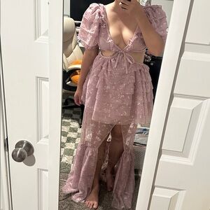 For Love Lemons Imani Embroidered Mesh Shimmer Tiered Ruffles High Low Dress M